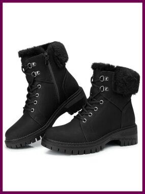 Faux Leather Ankle Boots Lace-Up Combat Boot Winter
